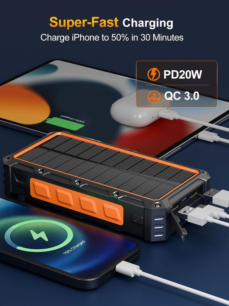 Powerbank Privémodel Zonne-energie Handcrank Generator Draadloos opladen Mobiele stroom Grote capaciteit 6800 met draad Powerbank_voghion.com