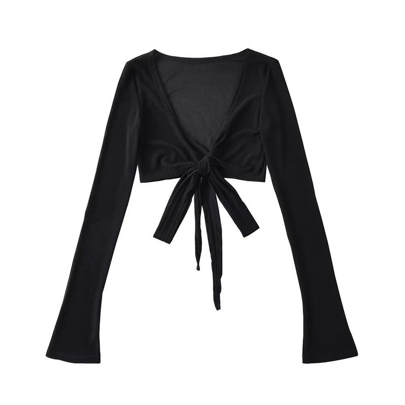 2025 Tie Up Sexy Base Shirt Style Women's Wear Leaky Umbilical Cross T-shirt Trumpet Sleeve Top_voghion.com