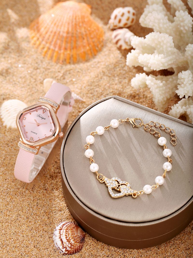 Damenuhr und Schmuckset, zartes süßes quadratisches Zifferblatt, Gürteluhr, Perlenarmband, Legierung, Schmetterlingsschmuckset_voghion.com