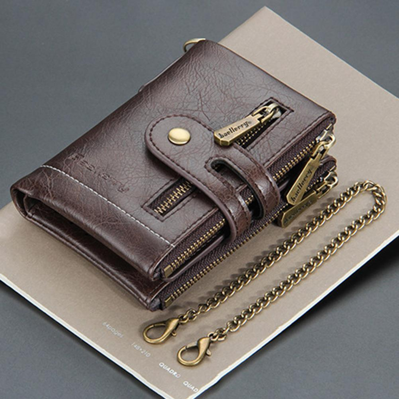 Carteira masculina de couro sintético com zíper duplo, grande capacidade, fivela segura, carteira retrô, carteira da moda com várias grades para homens_voghion.com