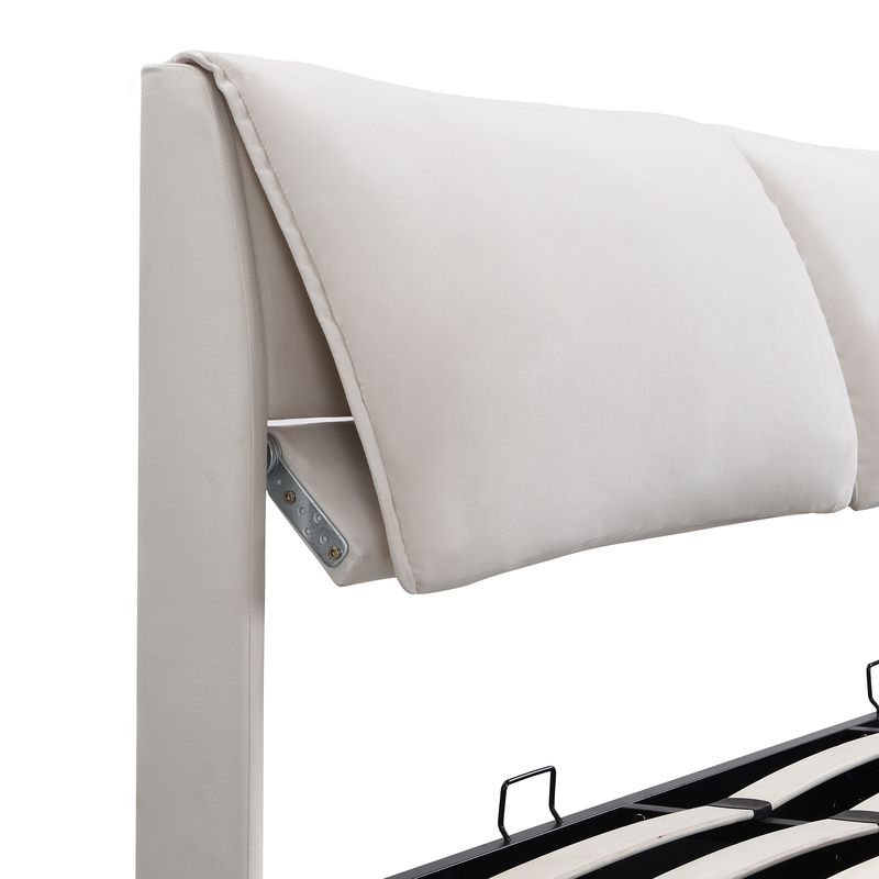 Cadre de lit coffre hydraulique rembourré en velours avec 3 tiroirs, sommier à lattes, beige, 180 x 200 cm, matelas non inclus_voghion.com