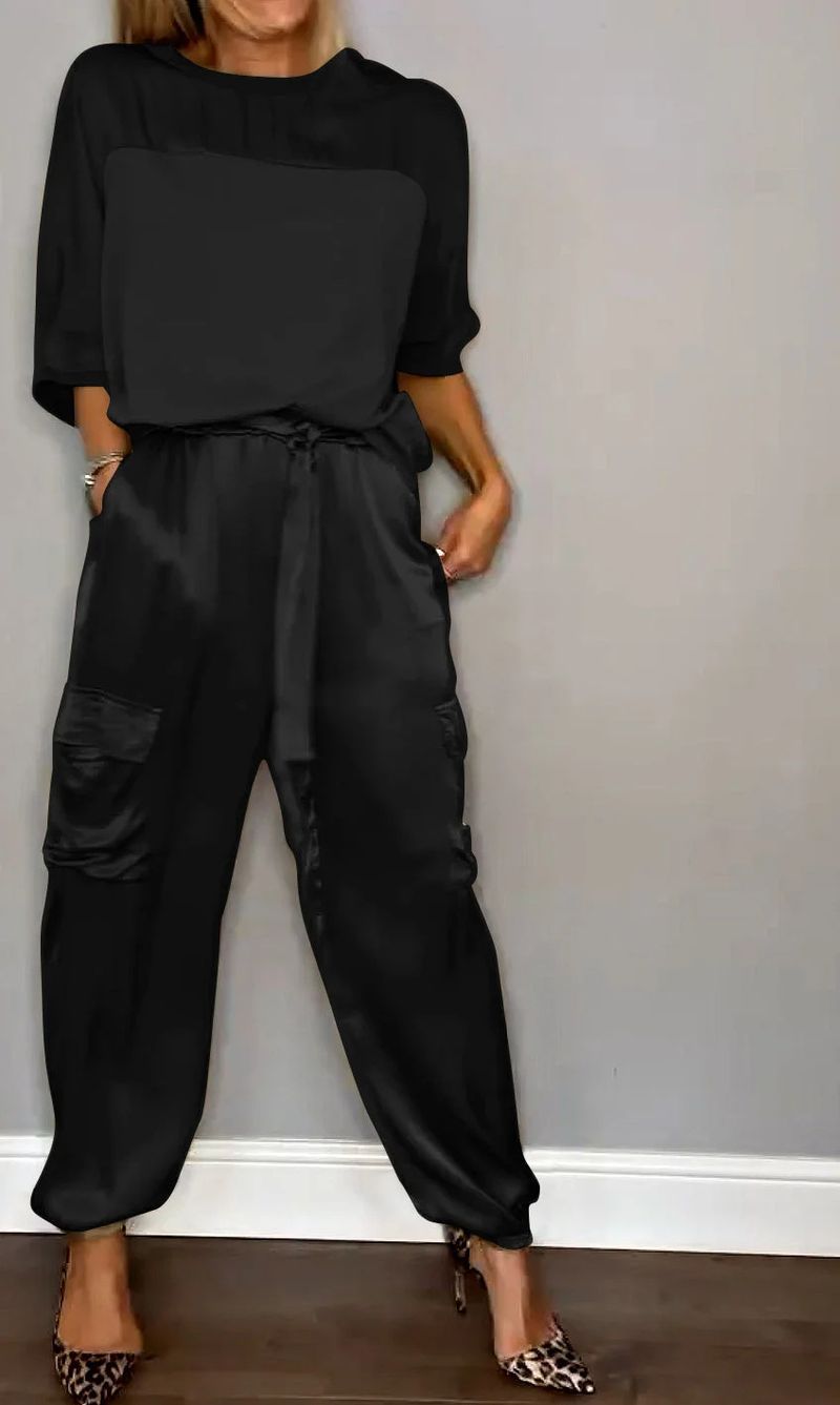 Women's Clothing Fashion Women's Smooth Satin Half sleeved Top and Pants Set Two piece Set_voghion.com
