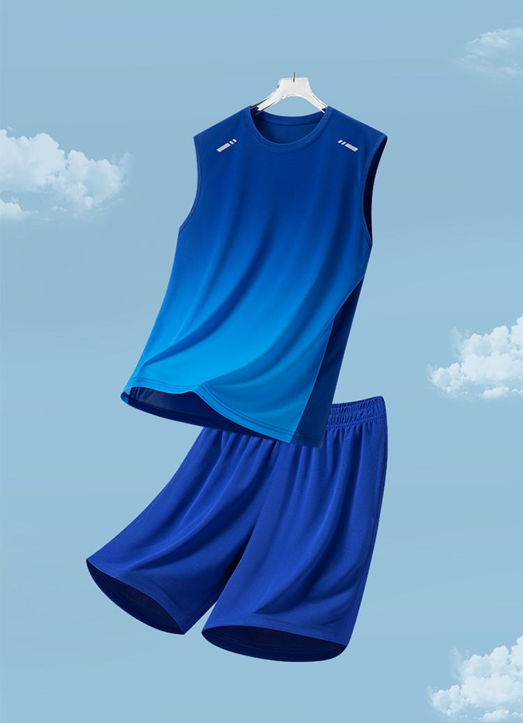 Sportanzug Herren Sommer Herren Freizeitanzug Bedruckter Farbverlauf Lockerer Zweiteiliger Anzug Atmungsaktiv Schnelltrocknende Weste Shorts Herren_voghion.com