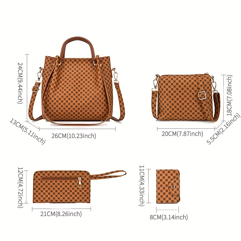 4pcs Geometric Pattern Shoulder Bag Set, Women's Bucket Handbag, Crossbody Bag, Clutch Wallet, Card Bag_voghion.com