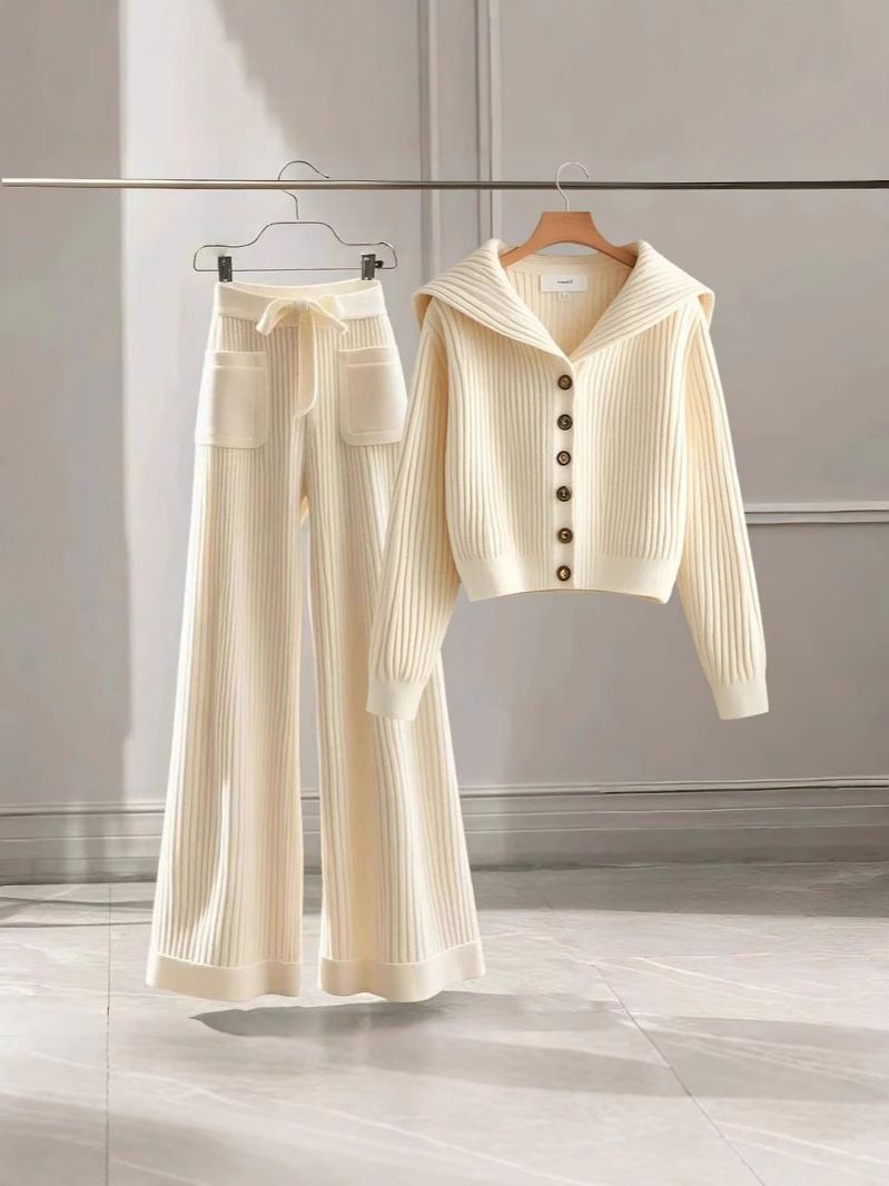 Dameskleding Elegante lente gebreide set Zachte en stijlvolle high-waist broek met bijpassende gebreide top, casual en comfortabele outfit voor dagelijks gebruik_voghion.com