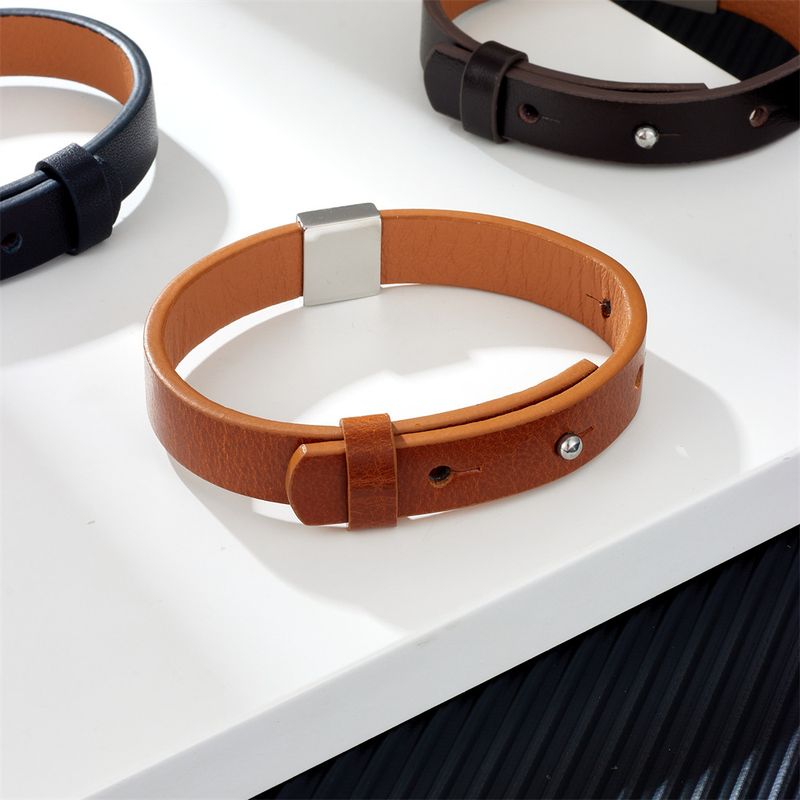 Unisex Genuine Simple Stainless Steel Smooth Surface Customizable Engraving Cowhide DIY Leather Bracelet_voghion.com