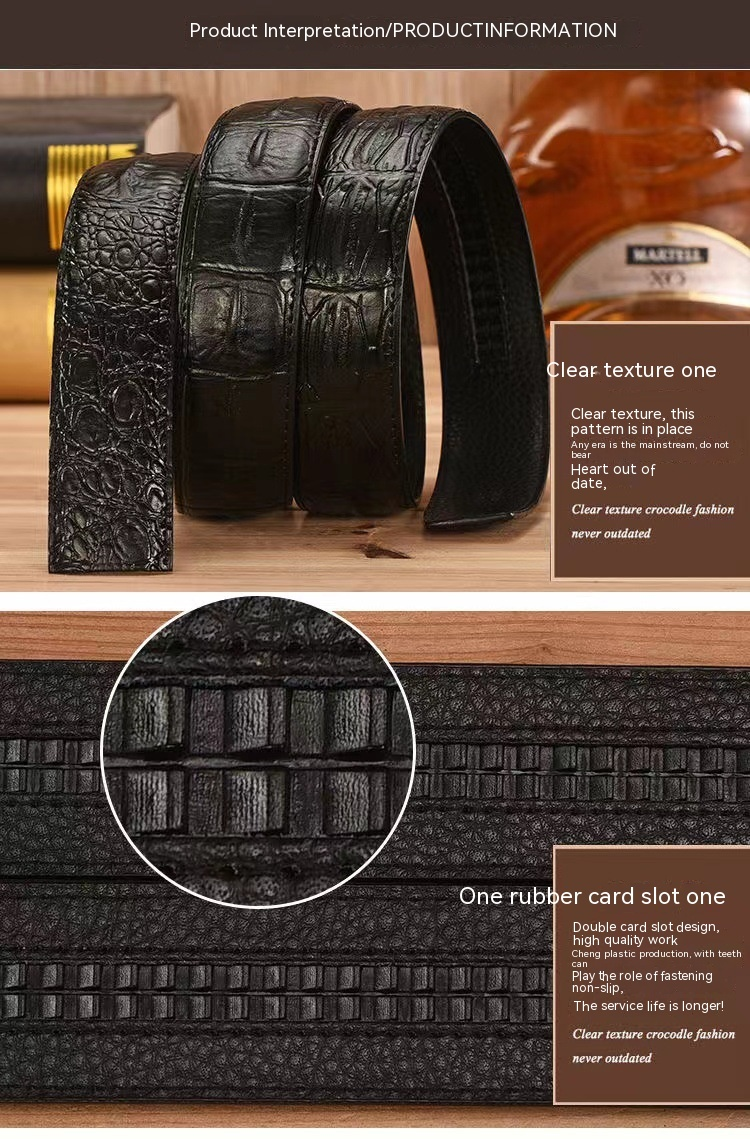 Piper Men's New Belt Without Head, Cowhide Crocodile Pattern Belt with Smooth Buckle and Perforated Pure Belt_voghion.com