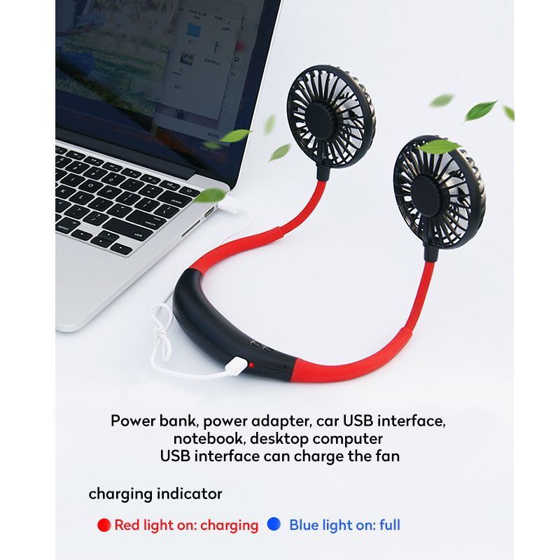 Ventilador portátil USB Ventilador frio Mãos livres Ventilador de pescoço Pendurado Mini Ventilador esportivo recarregável Ventilador duplo de pescoço ajustável de 3 velocidades Escritório em casa_voghion.com