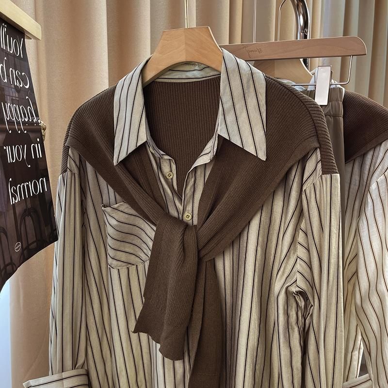 Women’s Clothing Early Autumn Shawl Two Piece Striped Shirt For Women Spring And Autumn Design Niche Lazy Style French Long Sleeved Top Shirt_voghion.com