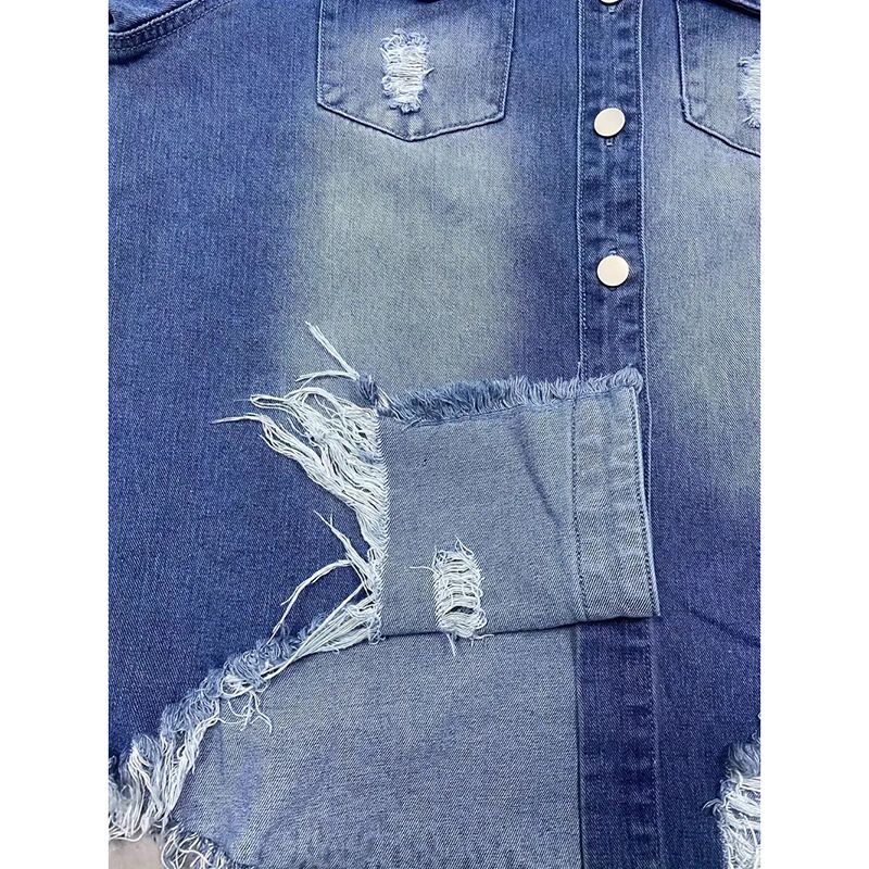 Damenbekleidung Jeansjacke für Damen in Übergröße, bequem, lässig, mit Löchern, lockere Oberteile_voghion.com