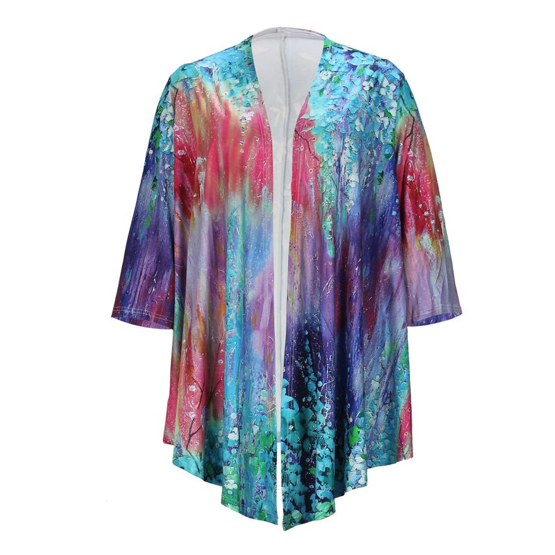 Women's large-size T-shirt shirt printed cardigan long-sleeved cape coat with irregular hem_voghion.com