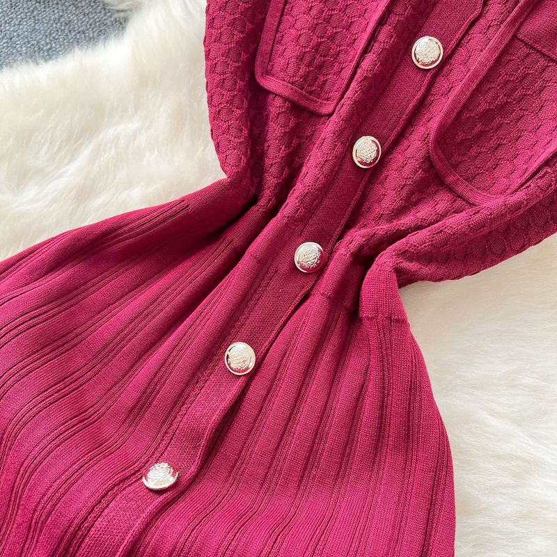 Robe en tricot à col rond et sans manches pour femme, coupe ajustée, boutonnée en métal, nouveauté été_voghion.com