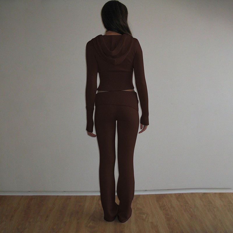 Women's Knit Hooded Two-Piece Set Fashionable High-Waist Long Sleeve Top & Pants Outfit Streetwear Casual Comfortable Loungewear_voghion.com