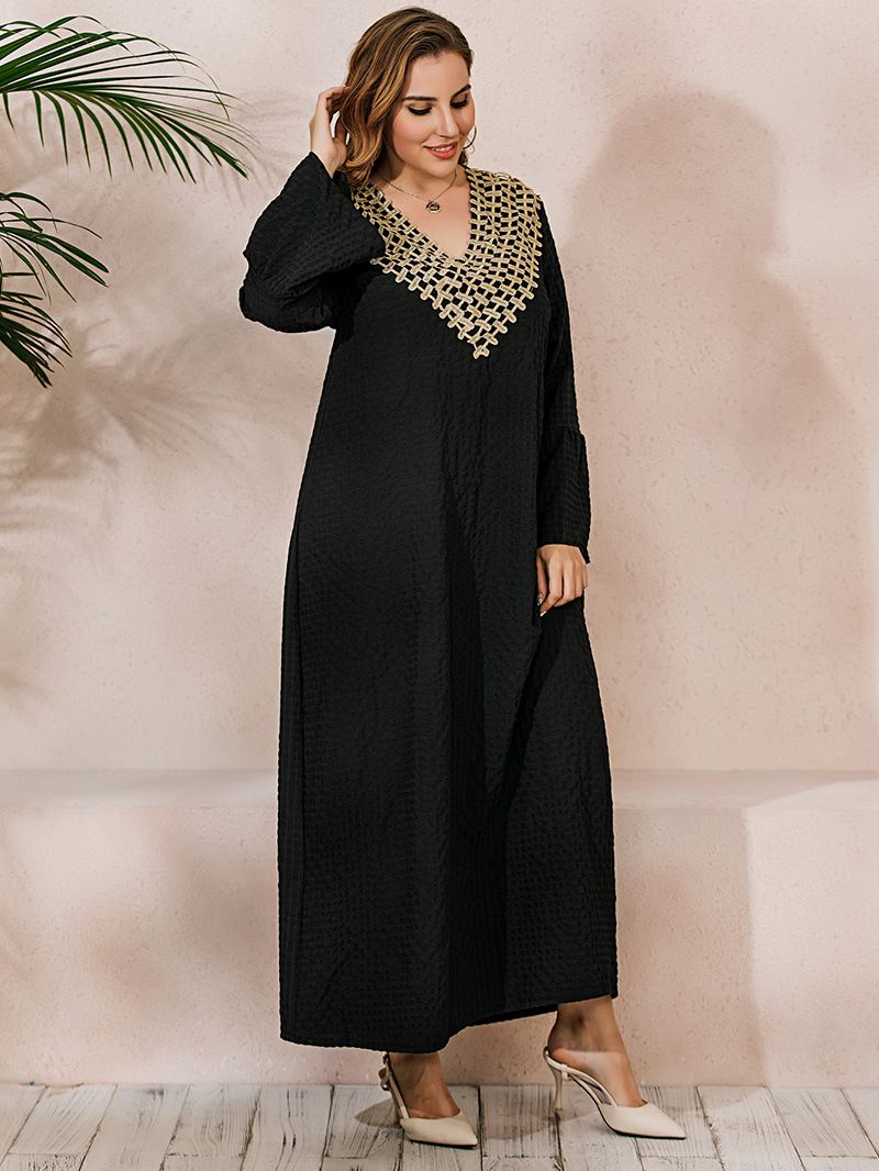 Women's long-sleeved trumpet-sleeved robe dress with V-neck embroidery, 200 catties can be worn_voghion.com