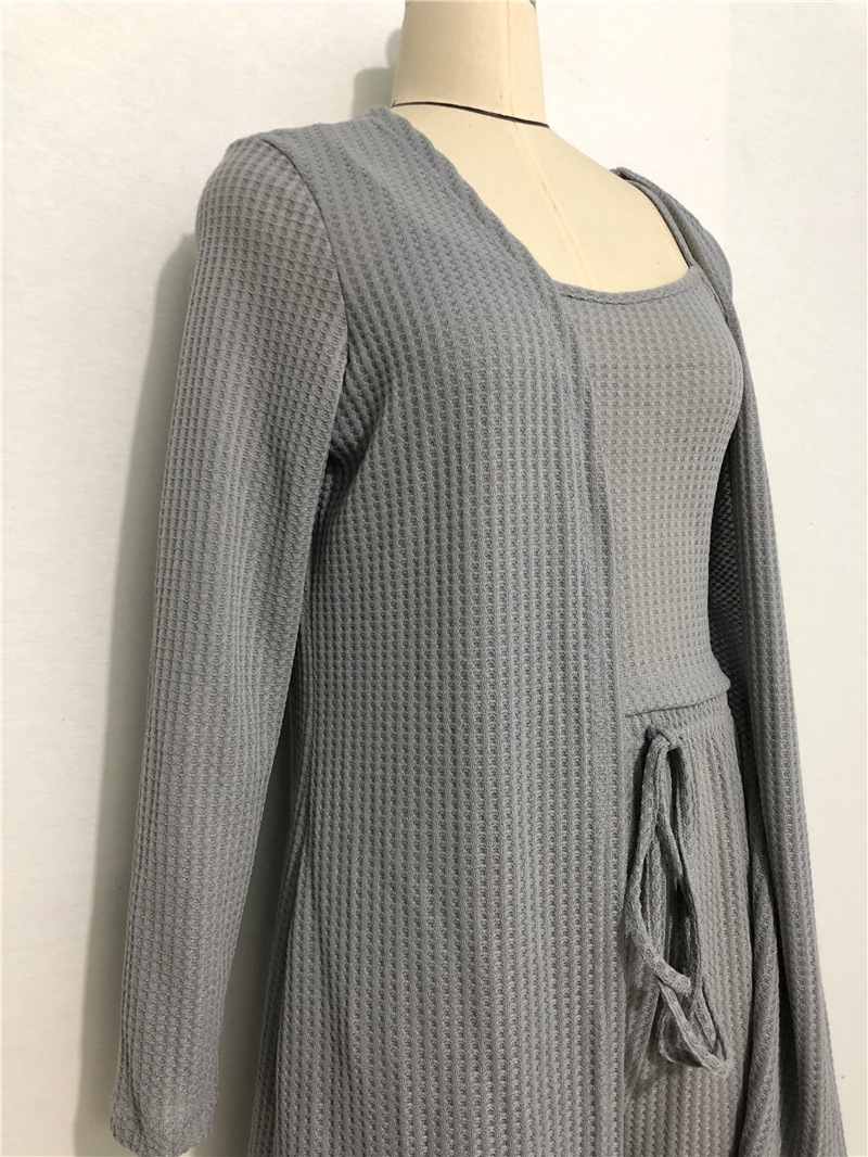Women's home wear women's Waffle knit halter top trousers robe pajamas three sets_voghion.com