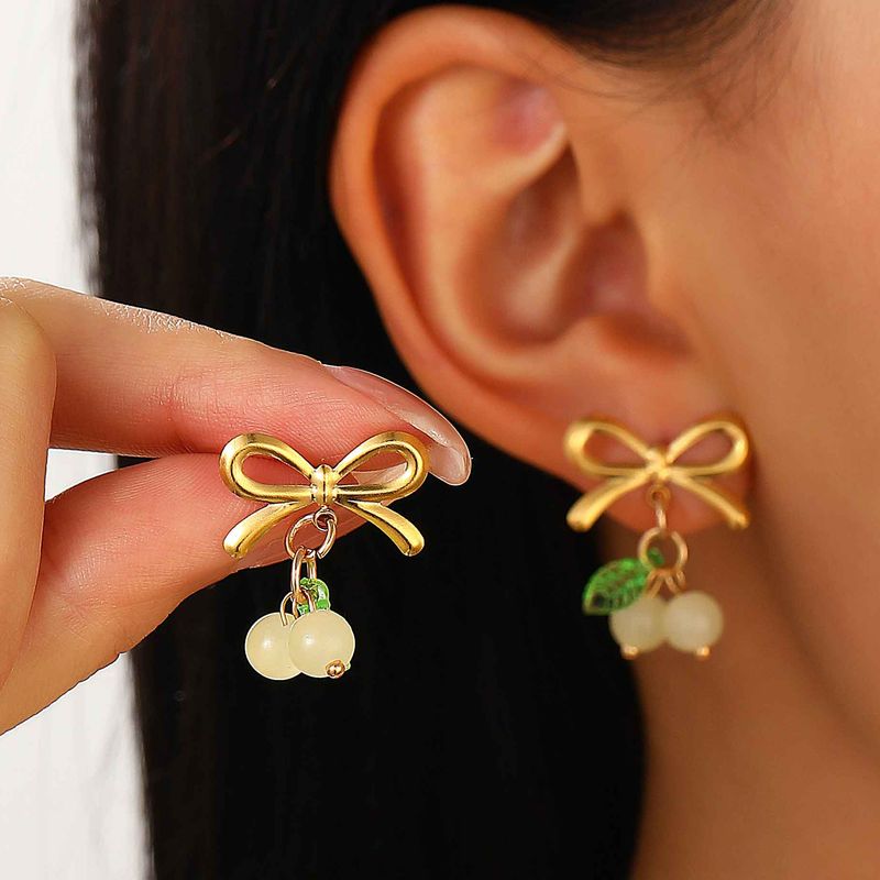 Wholesale Jewelry Princess Sweet Bow Knot 304 Stainless Steel Plating Rings Earrings_voghion.com