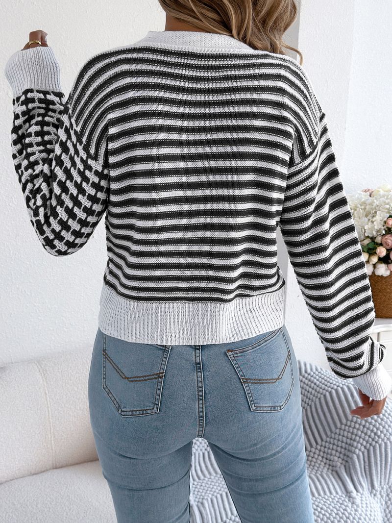 Cardigan a maniche a pipistrello con scollo a V e righe a contrasto da donna - Maglia corta autunno/inverno (cachi, bordeaux, nero)_voghion.com