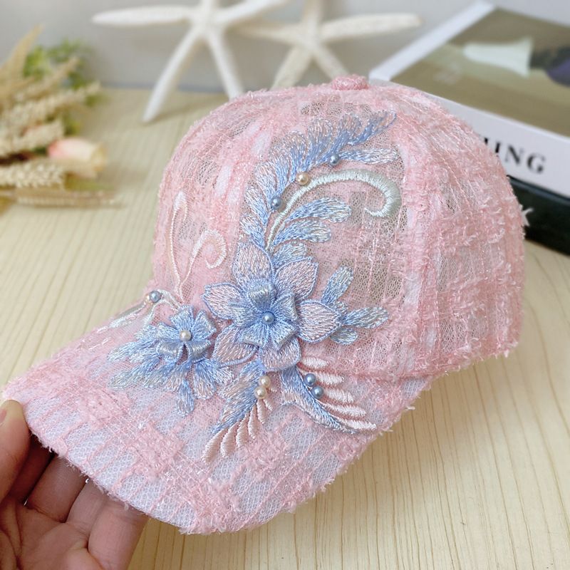 Cappello da baseball estivo in pizzo sottile da donna con fiori ricamati, traspirante, alla moda coreana, con protezione solare_voghion.com