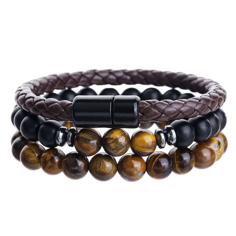 Bracciale con chiusura magnetica in pelle con perline, stile hip-hop punk, set di gioielli con pietra occhio di tigre e onice nero a strati_voghion.com