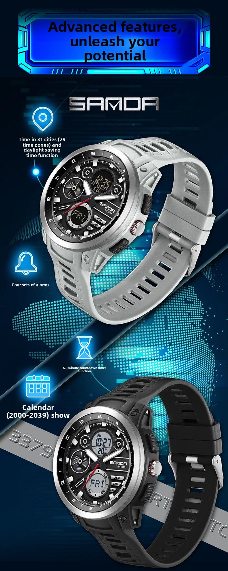 Sanda Cross-Border Hot-Selling Student Trendy Multi-Function Summer Time Waterproof Alarm Reminder Electronic Watch For_voghion.com