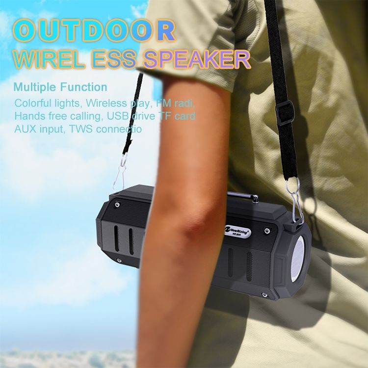 Nowy głośnik Bluetooth Rixing NR-905FM TWS z obsługą połączeń głośnomówiących / FM z paskiem na ramię i anteną (czarny)_voghion.com