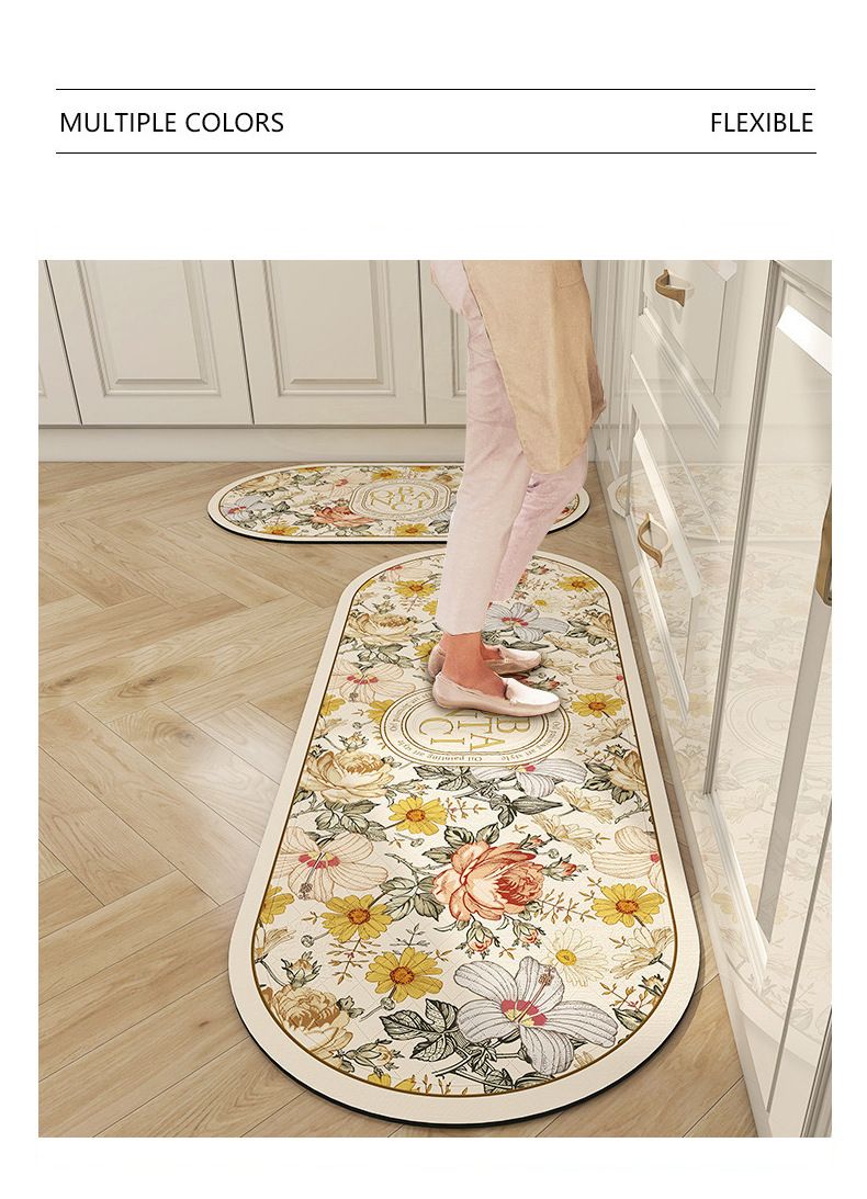 Tapis de bain en diatomite florale – Tapis de cuisine et de salle de bain super absorbant et antidérapant, tapis de sol lavable et décoratif_voghion.com