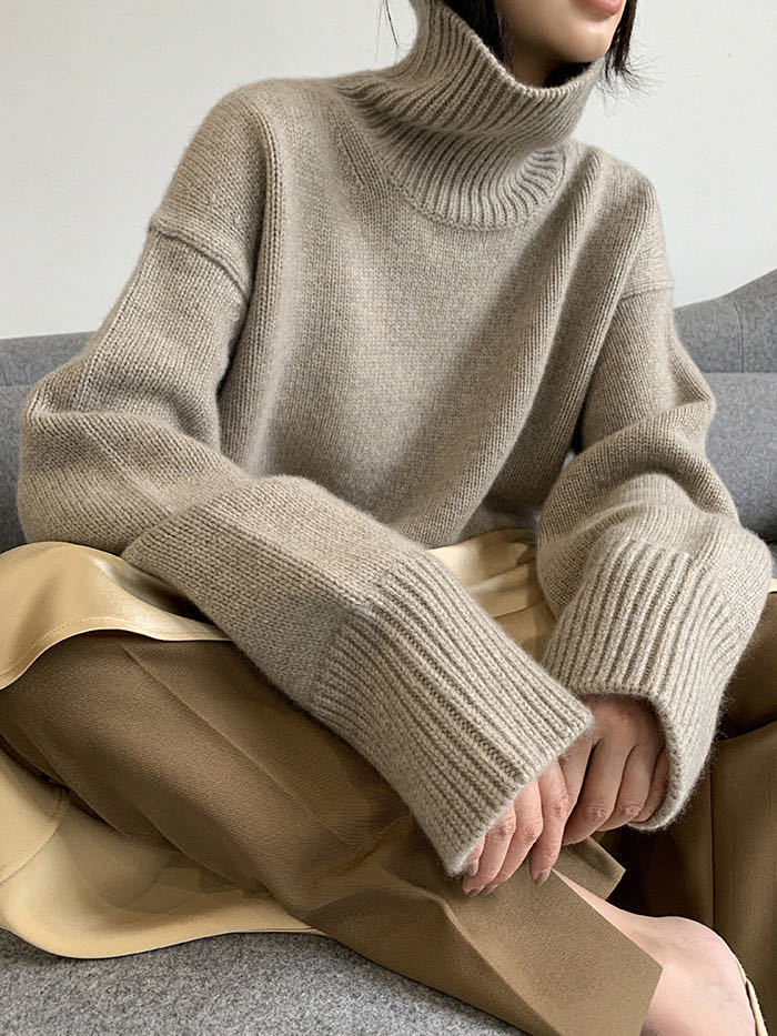 Pull ciré doux à col roulé pour femme, sensation ample, avec base en tricot coupe-vent paresseux_voghion.com