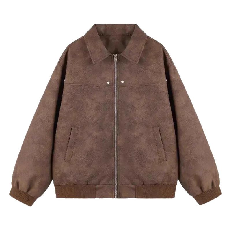 Giacca da coppia in pelle scamosciata PU con colletto rovesciato marrone in stile americano per donna primavera e autunno 2025_voghion.com