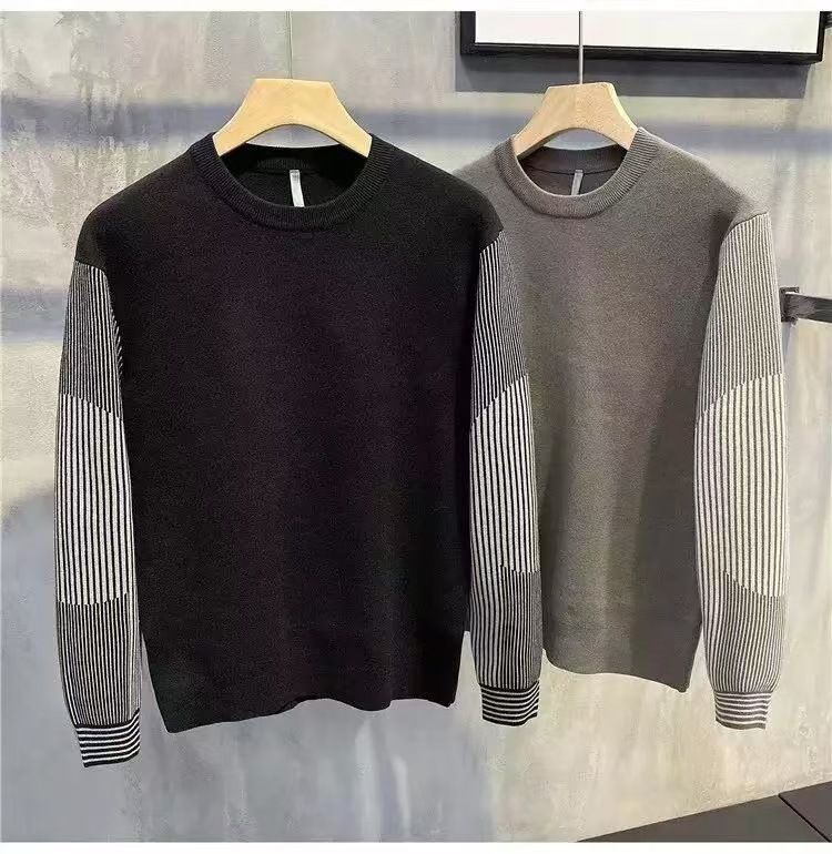 Suéter de punto a rayas para hombre, de moda, ajustado, con cuello redondo y diseño de bloques de color, informal y elegante para otoño e invierno._voghion.com