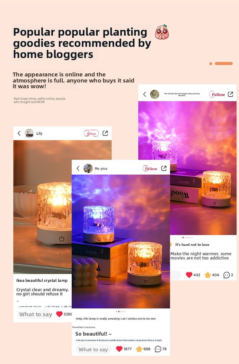 Luce notturna con effetto increspatura dell'acqua, regalo creativo per camera da letto, comodino, lampada da tavolo dinamica per dormire._voghion.com
