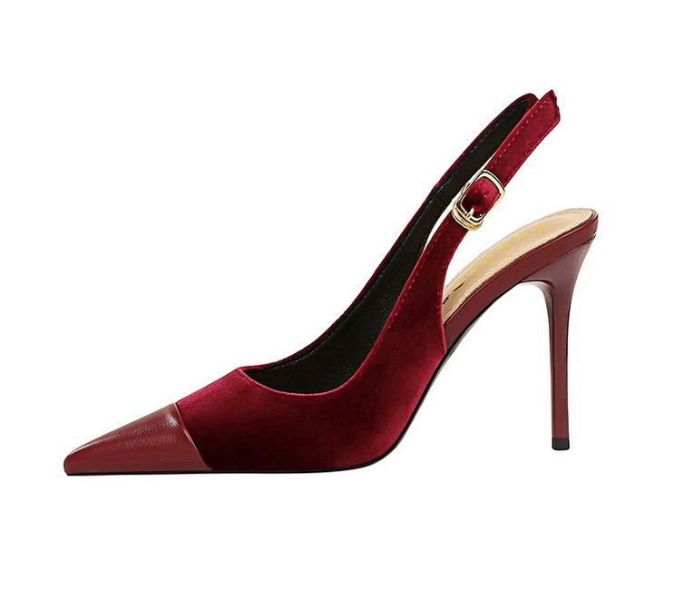 High-heeled women's shoes light velvet with thick suede splicing pointe back hollow back strap single shoes_voghion.com
