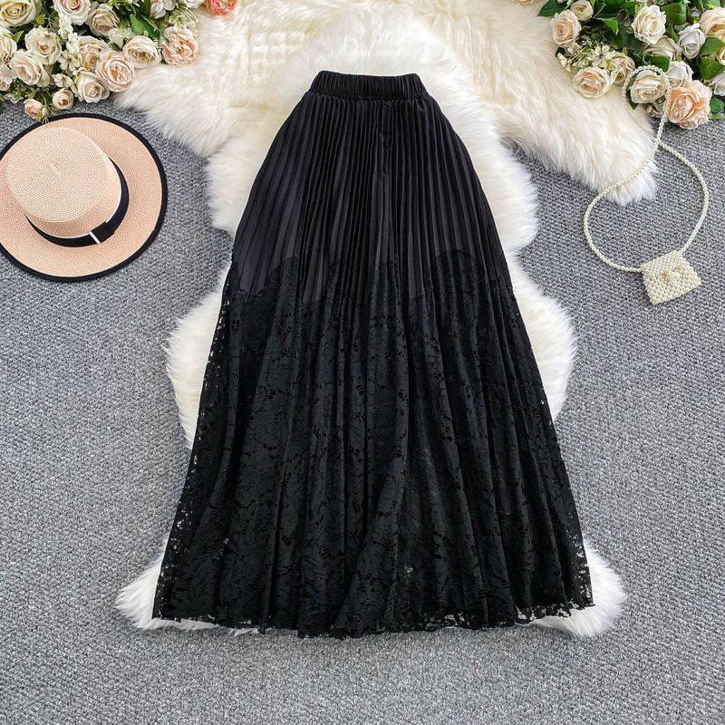 Damenbekleidung Eleganter Midirock mit Spitzenbesatz für Damen, hoch taillierter, ausgestellter Prinzessinnenrock mit plissiertem Saum, atmungsaktive Polyestermischung_voghion.com