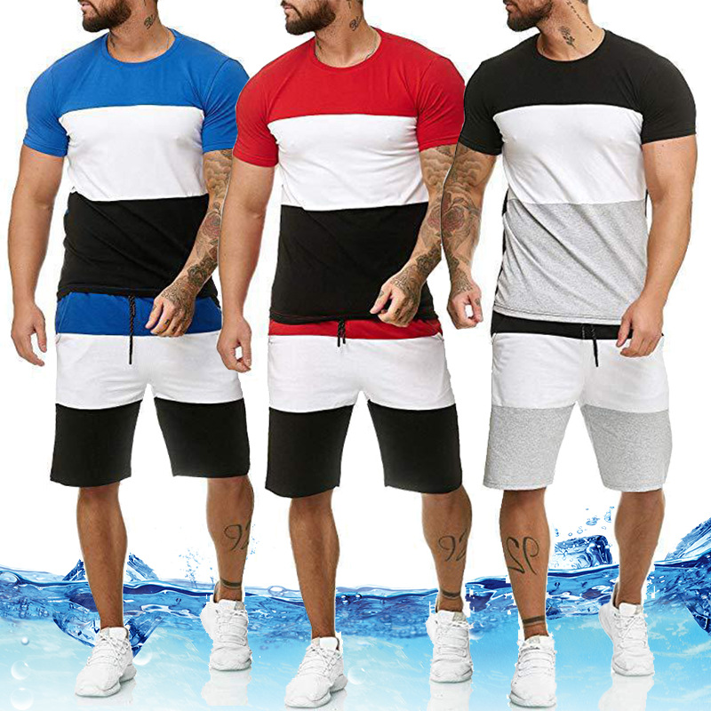 2022 männer sommer patchwork kurzarm casual sport rundhals farblich passenden T-shirt shorts set_voghion.com