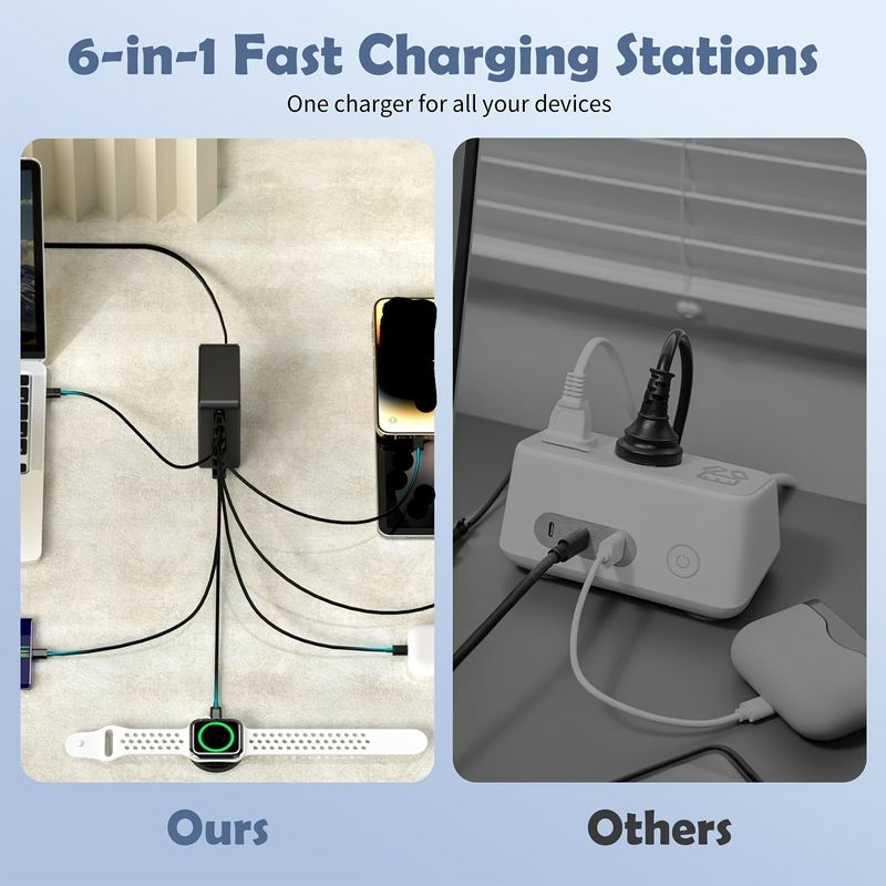200W GaN USB C Charger Station Cellphones 6 Ports High Power Multi-Port Fast Charging IPhone, With Book LED Indicator_voghion.com