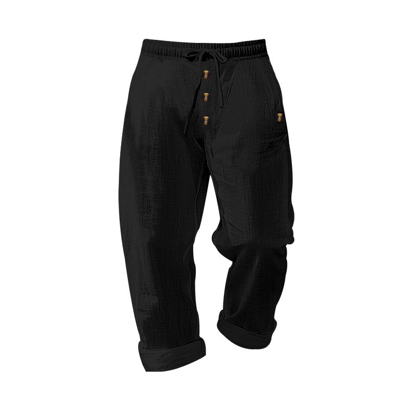 Spring And Autumn American Beach Solid Color Cotton Linen Loose Drawstring Button Casual Pants For Men_voghion.com
