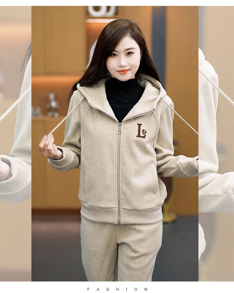 Women’s Fleece-Lined Hooded Tracksuit Set - Winter Warm Two-Piece Outfit With Zip-Up Jacket & Joggers (Oatmeal/Brown/Angora Red) M-4XL_voghion.com