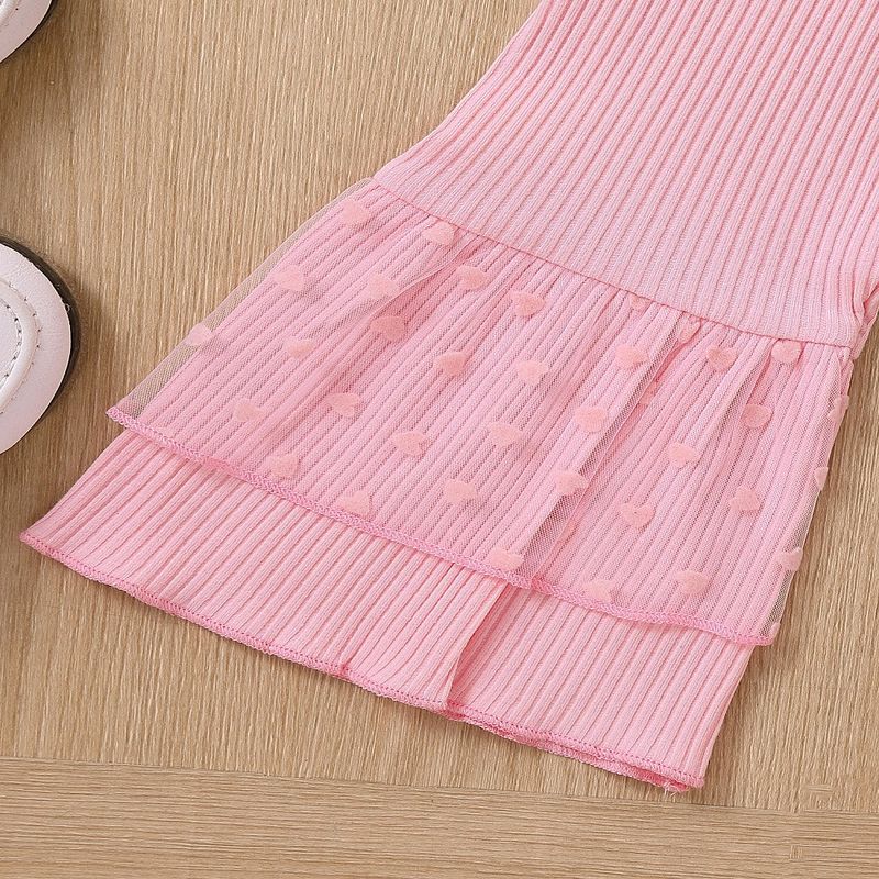 Mère et enfants moyens et petits enfants dentelle amour trompette manches haut + cloche bas costume filles deux pièces ensemble_voghion.com