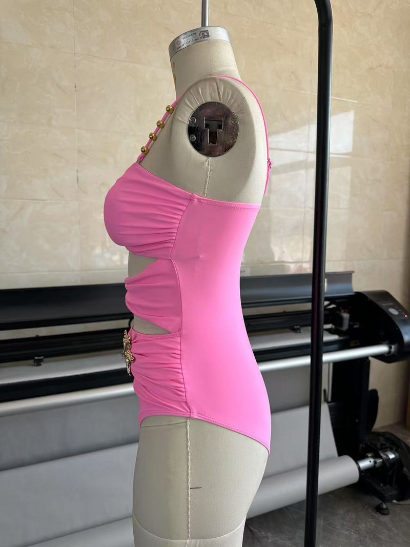 Maillot de bain une pièce pour femme, couleur unie, avec boutons métalliques et perles_voghion.com