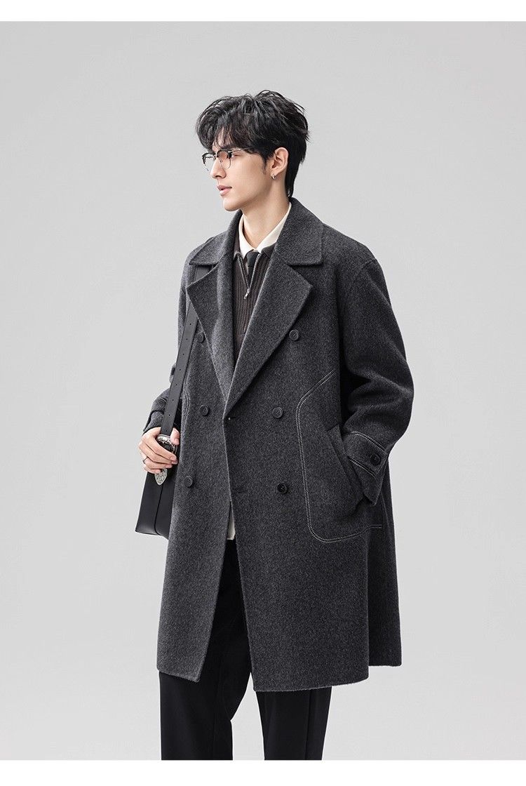 Autumn Winter New Wool Double-Sided Mid-Length High-End Suit Collar Double-Breasted Trench Coat For Men Trendy_voghion.com