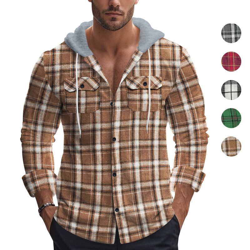 Camicia casual alla moda da uomo in stile americano, autunno inverno, con cappuccio, in flanella jacquard a quadri_voghion.com