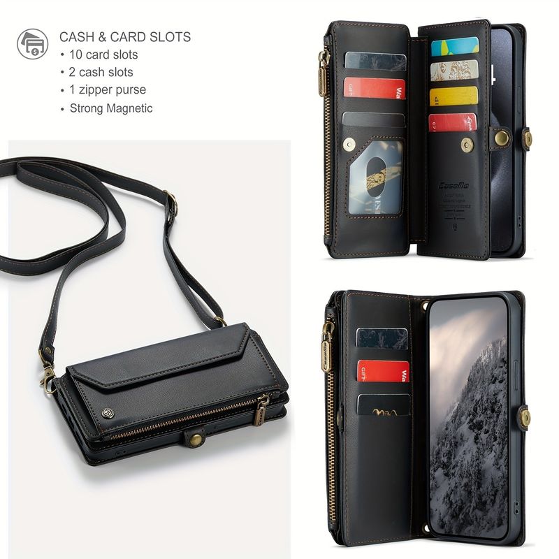Wireless Charging, Blocked Card Slot, Flip Open PU Leather Protection - Compatible with 12/13/14/15 Plus Pro Max, Phone Case with Shoulder Bag Design_voghion.com