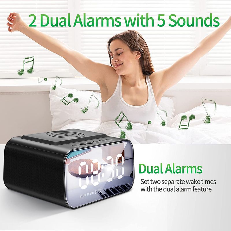 Wireless Charger Alarm Clock Bluetooth Speaker LED Smart Digital Clock Table Electronic Desktop Clocks Fm Radio USB Fast Charger_voghion.com