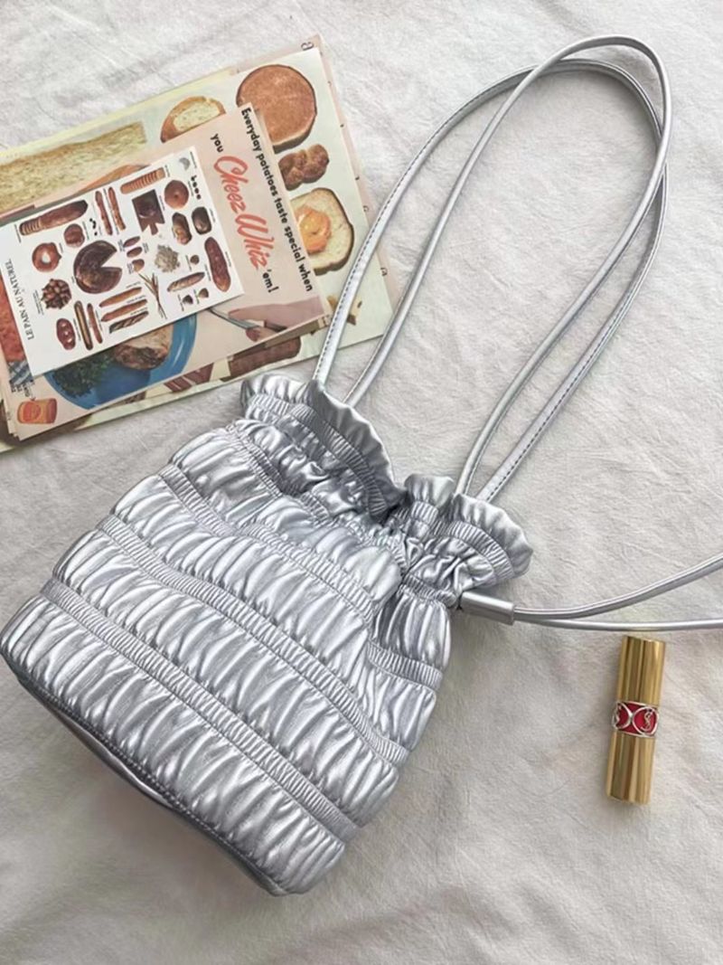 Bag Korean bucket niche design bag, fashionable pleated soft leather drawstring, one shoulder, gentle silver underarm_voghion.com