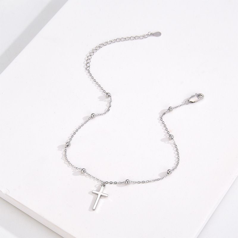S Pure Silver Round Bead Cross For Women, Ins Fashionable And Versatile Long Anklet Jewelry_voghion.com