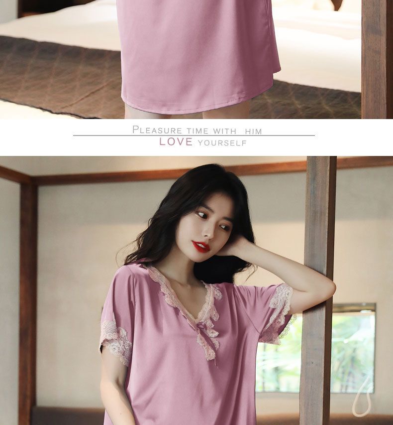New Pajamas Women's Summer Ice Silk Loose Large Size European And Korean Version Sexy Lace Ice And Snow Silk Short-sleeved Nightdress Loungewear_voghion.com