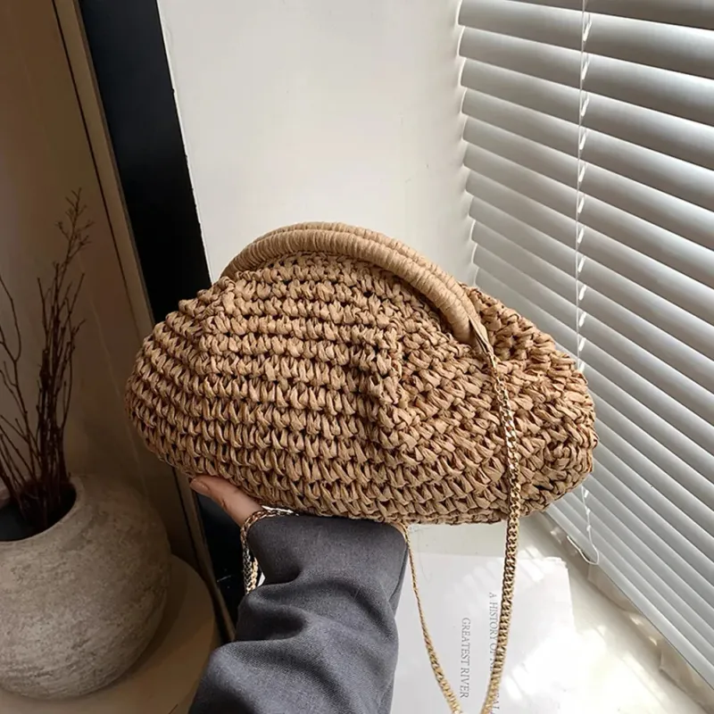 Borsa da donna in paglia intrecciata con tracolla a catena, grande capacità, elegante, a tracolla, tinta unita, per spiaggia estiva 250707_voghion.com
