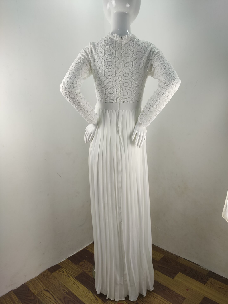 Abito da sera con cuciture in pizzo da donna in canapa sudcoreana per donna incinta, gonna centinaia di pieghe, gonna a maniche lunghe con spacco_voghion.com