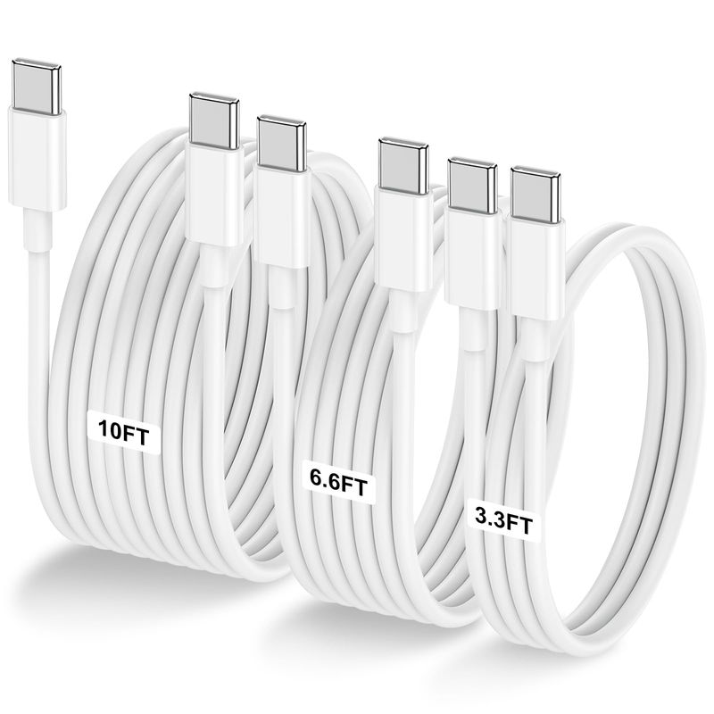 Lot de 3 câbles USB-C 60 W (3,3 pi + 6,6 pi + 10 pi) pour charge rapide (iPhone 16/15 Pro Max, Galaxy S25/S24, iPad Pro/Air)_voghion.com