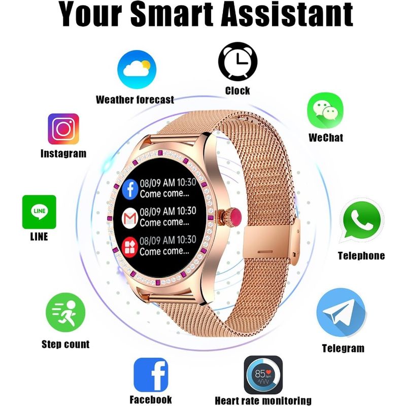 Relojes inteligentes redondos para mujer. Descarga MP3. Reloj inteligente compatible con teléfonos Android e iOS. Más de 100 modos de disparo._voghion.com