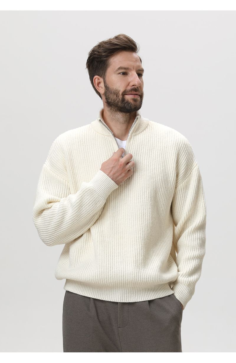 Solid Color Vertical Stripe Texture Stand-up Neck Sweater Men's Autumn And Winter Semi-zipper Knitted Sweater Lazy Loose Trendy Coat_voghion.com